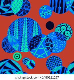 Doodled Circles. Seamless Background with Ornate Elements for Underwear Wallpaper Tablecloth. Black and White Vector Rapport in Modern Colors. Colorful Christmas Decoration. Seamless Doodled Circles.