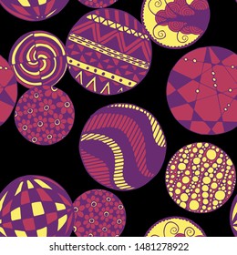 Doodled Circles. Seamless Background with Ornate Elements for Underwear Wallpaper Tablecloth. Black and White Vector Rapport in Modern Colors. Colorful Christmas Decoration. Seamless Doodled Circles.