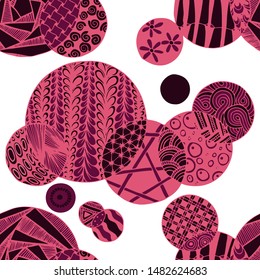 Doodled Circles. Seamless Background with Ornate Elements for Underwear Wallpaper Tablecloth. Black and White Vector Rapport in Modern Colors. Colorful Christmas Decoration. Seamless Doodled Circles.