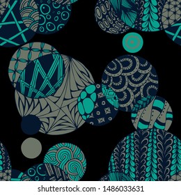 Doodled Circles. Seamless Background with Ornate Elements for Underwear Wallpaper Tablecloth. Black and White Vector Rapport in Modern Colors. Colorful Christmas Decoration. Seamless Doodled Circles.