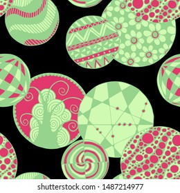 Doodled Circles. Seamless Background with Ornate Elements for Underwear Wallpaper Tablecloth. Black and White Vector Rapport in Modern Colors. Colorful Christmas Decoration. Seamless Doodled Circles.