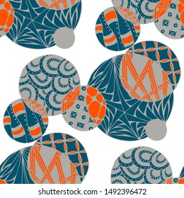 Doodled Circles. Seamless Background with Ornate Elements for Underwear Wallpaper Tablecloth. Black and White Vector Rapport in Modern Colors. Colorful Christmas Decoration. Seamless Doodled Circles.