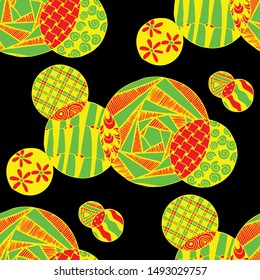 Doodled Circles. Seamless Background with Ornate Elements for Underwear Wallpaper Tablecloth. Black and White Vector Rapport in Modern Colors. Colorful Christmas Decoration. Seamless Doodled Circles.