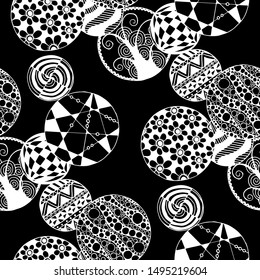 Doodled Circles. Seamless Background with Ornate Elements for Underwear Wallpaper Tablecloth. Black and White Vector Rapport in Modern Colors. Colorful Christmas Decoration. Seamless Doodled Circles.