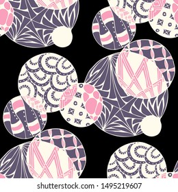 Doodled Circles. Seamless Background with Ornate Elements for Underwear Wallpaper Tablecloth. Black and White Vector Rapport in Modern Colors. Colorful Christmas Decoration. Seamless Doodled Circles.