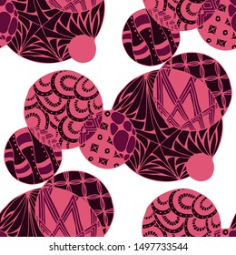 Doodled Circles. Seamless Background with Ornate Elements for Underwear Wallpaper Tablecloth. Black and White Vector Rapport in Modern Colors. Colorful Christmas Decoration. Seamless Doodled Circles.