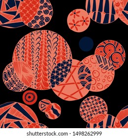 Doodled Circles. Seamless Background with Ornate Elements for Underwear Wallpaper Tablecloth. Black and White Vector Rapport in Modern Colors. Colorful Christmas Decoration. Seamless Doodled Circles.