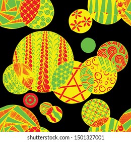 Doodled Circles. Seamless Background with Ornate Elements for Underwear Wallpaper Tablecloth. Black and White Vector Rapport in Modern Colors. Colorful Christmas Decoration. Seamless Doodled Circles.