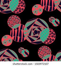 Doodled Circles. Seamless Background with Ornate Elements for Underwear Wallpaper Tablecloth. Black and White Vector Rapport in Modern Colors. Colorful Christmas Decoration. Seamless Doodled Circles.