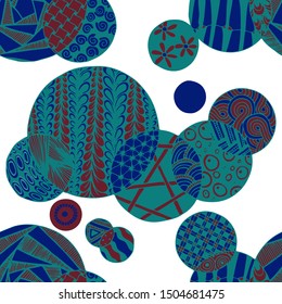 Doodled Circles. Seamless Background with Ornate Elements for Underwear Wallpaper Tablecloth. Black and White Vector Rapport in Modern Colors. Colorful Christmas Decoration. Seamless Doodled Circles.