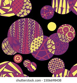 Doodled Circles. Seamless Background with Ornate Elements for Underwear Wallpaper Tablecloth. Black and White Vector Rapport in Modern Colors. Colorful Christmas Decoration. Seamless Doodled Circles.