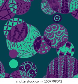 Doodled Circles. Seamless Background with Ornate Elements for Underwear Wallpaper Tablecloth. Black and White Vector Rapport in Modern Colors. Colorful Christmas Decoration. Seamless Doodled Circles.