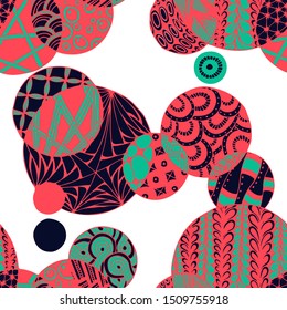 Doodled Circles. Seamless Background with Ornate Elements for Underwear Wallpaper Tablecloth. Black and White Vector Rapport in Modern Colors. Colorful Christmas Decoration. Seamless Doodled Circles.