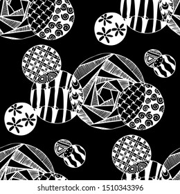 Doodled Circles. Seamless Background with Ornate Elements for Underwear Wallpaper Tablecloth. Black and White Vector Rapport in Modern Colors. Colorful Christmas Decoration. Seamless Doodled Circles.