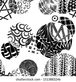 Doodled Circles. Seamless Background with Ornate Elements for Underwear Wallpaper Tablecloth. Black and White Vector Rapport in Modern Colors. Colorful Christmas Decoration. Seamless Doodled Circles.