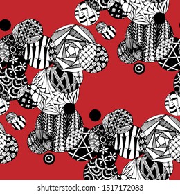 Doodled Circles. Seamless Background with Ornate Elements for Underwear Wallpaper Tablecloth. Black and White Vector Rapport in Modern Colors. Colorful Christmas Decoration. Seamless Doodled Circles.