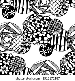 Doodled Circles. Seamless Background with Ornate Elements for Underwear Wallpaper Tablecloth. Black and White Vector Rapport in Modern Colors. Colorful Christmas Decoration. Seamless Doodled Circles.