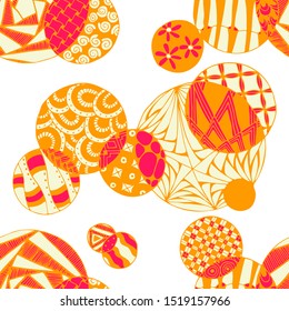 Doodled Circles. Seamless Background with Ornate Elements for Underwear Wallpaper Tablecloth. Black and White Vector Rapport in Modern Colors. Colorful Christmas Decoration. Seamless Doodled Circles.
