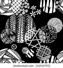 Doodled Circles. Seamless Background with Ornate Elements for Underwear Wallpaper Tablecloth. Black and White Vector Rapport in Modern Colors. Colorful Christmas Decoration. Seamless Doodled Circles.