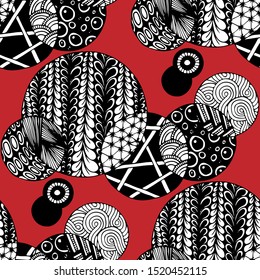 Doodled Circles. Seamless Background with Ornate Elements for Underwear Wallpaper Tablecloth. Black and White Vector Rapport in Modern Colors. Colorful Christmas Decoration. Seamless Doodled Circles.