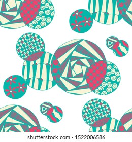Doodled Circles. Seamless Background with Ornate Elements for Underwear Wallpaper Tablecloth. Black and White Vector Rapport in Modern Colors. Colorful Christmas Decoration. Seamless Doodled Circles.