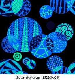 Doodled Circles. Seamless Background with Ornate Elements for Underwear Wallpaper Tablecloth. Black and White Vector Rapport in Modern Colors. Colorful Christmas Decoration. Seamless Doodled Circles.