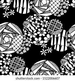 Doodled Circles. Seamless Background with Ornate Elements for Underwear Wallpaper Tablecloth. Black and White Vector Rapport in Modern Colors. Colorful Christmas Decoration. Seamless Doodled Circles.