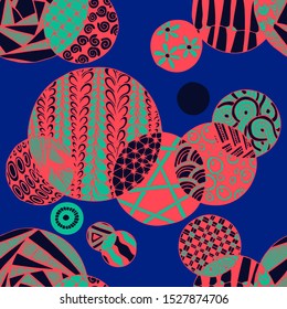 Doodled Circles. Seamless Background with Ornate Elements for Underwear Wallpaper Tablecloth. Black and White Vector Rapport in Modern Colors. Colorful Christmas Decoration. Seamless Doodled Circles.