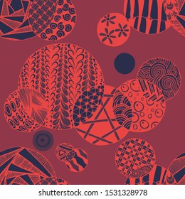 Doodled Circles. Seamless Background with Ornate Elements for Underwear Wallpaper Tablecloth. Black and White Vector Rapport in Modern Colors. Colorful Christmas Decoration. Seamless Doodled Circles.