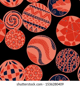 Doodled Circles. Seamless Background with Ornate Elements for Underwear Wallpaper Tablecloth. Black and White Vector Rapport in Modern Colors. Colorful Christmas Decoration. Seamless Doodled Circles.