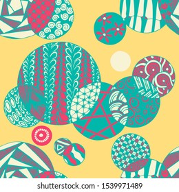 Doodled Circles. Seamless Background with Ornate Elements for Underwear Wallpaper Tablecloth. Black and White Vector Rapport in Modern Colors. Colorful Christmas Decoration. Seamless Doodled Circles.