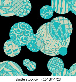 Doodled Circles. Seamless Background with Ornate Elements for Underwear Wallpaper Tablecloth. Black and White Vector Rapport in Modern Colors. Colorful Christmas Decoration. Seamless Doodled Circles.