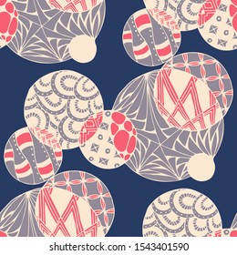 Doodled Circles. Seamless Background with Ornate Elements for Underwear Wallpaper Tablecloth. Black and White Vector Rapport in Modern Colors. Colorful Christmas Decoration. Seamless Doodled Circles.