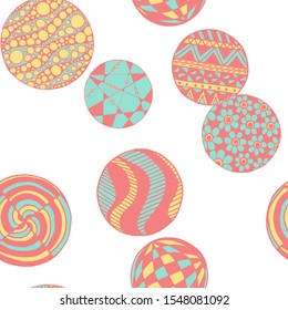 Doodled Circles. Seamless Background with Ornate Elements for Underwear Wallpaper Tablecloth. Black and White Vector Rapport in Modern Colors. Colorful Christmas Decoration. Seamless Doodled Circles.