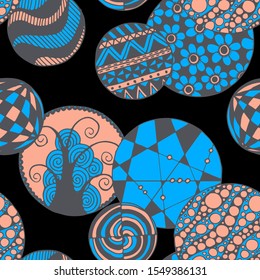 Doodled Circles. Seamless Background with Ornate Elements for Underwear Wallpaper Tablecloth. Black and White Vector Rapport in Modern Colors. Colorful Christmas Decoration. Seamless Doodled Circles.