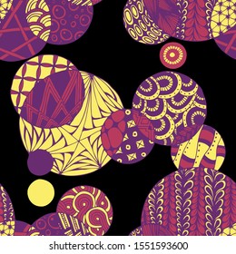 Doodled Circles. Seamless Background with Ornate Elements for Underwear Wallpaper Tablecloth. Black and White Vector Rapport in Modern Colors. Colorful Christmas Decoration. Seamless Doodled Circles.