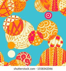 Doodled Circles. Seamless Background with Ornate Elements for Underwear Wallpaper Tablecloth. Black and White Vector Rapport in Modern Colors. Colorful Christmas Decoration. Seamless Doodled Circles.