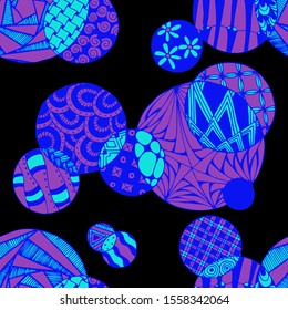 Doodled Circles. Seamless Background with Ornate Elements for Underwear Wallpaper Tablecloth. Black and White Vector Rapport in Modern Colors. Colorful Christmas Decoration. Seamless Doodled Circles.