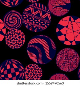 Doodled Circles. Seamless Background with Ornate Elements for Underwear Wallpaper Tablecloth. Black and White Vector Rapport in Modern Colors. Colorful Christmas Decoration. Seamless Doodled Circles.
