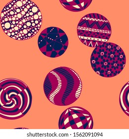 Doodled Circles. Seamless Background with Ornate Elements for Underwear Wallpaper Tablecloth. Black and White Vector Rapport in Modern Colors. Colorful Christmas Decoration. Seamless Doodled Circles.