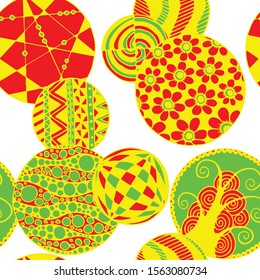 Doodled Circles. Seamless Background with Ornate Elements for Underwear Wallpaper Tablecloth. Black and White Vector Rapport in Modern Colors. Colorful Christmas Decoration. Seamless Doodled Circles.