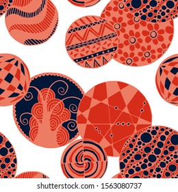 Doodled Circles. Seamless Background with Ornate Elements for Underwear Wallpaper Tablecloth. Black and White Vector Rapport in Modern Colors. Colorful Christmas Decoration. Seamless Doodled Circles.