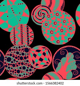 Doodled Circles. Seamless Background with Ornate Elements for Underwear Wallpaper Tablecloth. Black and White Vector Rapport in Modern Colors. Colorful Christmas Decoration. Seamless Doodled Circles.