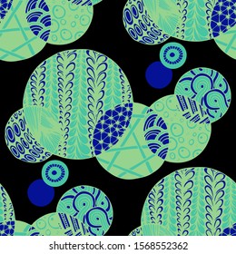 Doodled Circles. Seamless Background with Ornate Elements for Underwear Wallpaper Tablecloth. Black and White Vector Rapport in Modern Colors. Colorful Christmas Decoration. Seamless Doodled Circles.