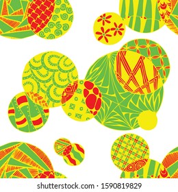 Doodled Circles. Seamless Background with Ornate Elements for Underwear Wallpaper Tablecloth. Black and White Vector Rapport in Modern Colors. Colorful Christmas Decoration. Seamless Doodled Circles.