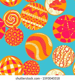 Doodled Circles. Seamless Background with Ornate Elements for Underwear Wallpaper Tablecloth. Black and White Vector Rapport in Modern Colors. Colorful Christmas Decoration. Seamless Doodled Circles.