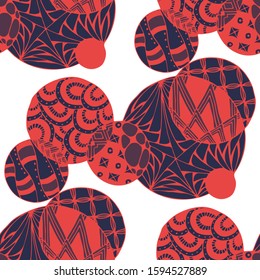 Doodled Circles. Seamless Background with Ornate Elements for Underwear Wallpaper Tablecloth. Black and White Vector Rapport in Modern Colors. Colorful Christmas Decoration. Seamless Doodled Circles.