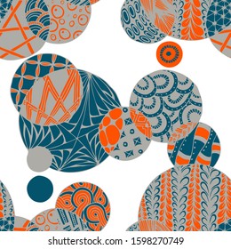 Doodled Circles. Seamless Background with Ornate Elements for Underwear Wallpaper Tablecloth. Black and White Vector Rapport in Modern Colors. Colorful Christmas Decoration. Seamless Doodled Circles.