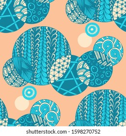 Doodled Circles. Seamless Background with Ornate Elements for Underwear Wallpaper Tablecloth. Black and White Vector Rapport in Modern Colors. Colorful Christmas Decoration. Seamless Doodled Circles.