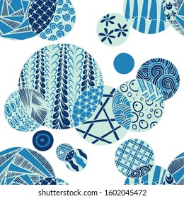 Doodled Circles. Seamless Background with Ornate Elements for Underwear Wallpaper Tablecloth. Black and White Vector Rapport in Modern Colors. Colorful Christmas Decoration. Seamless Doodled Circles.